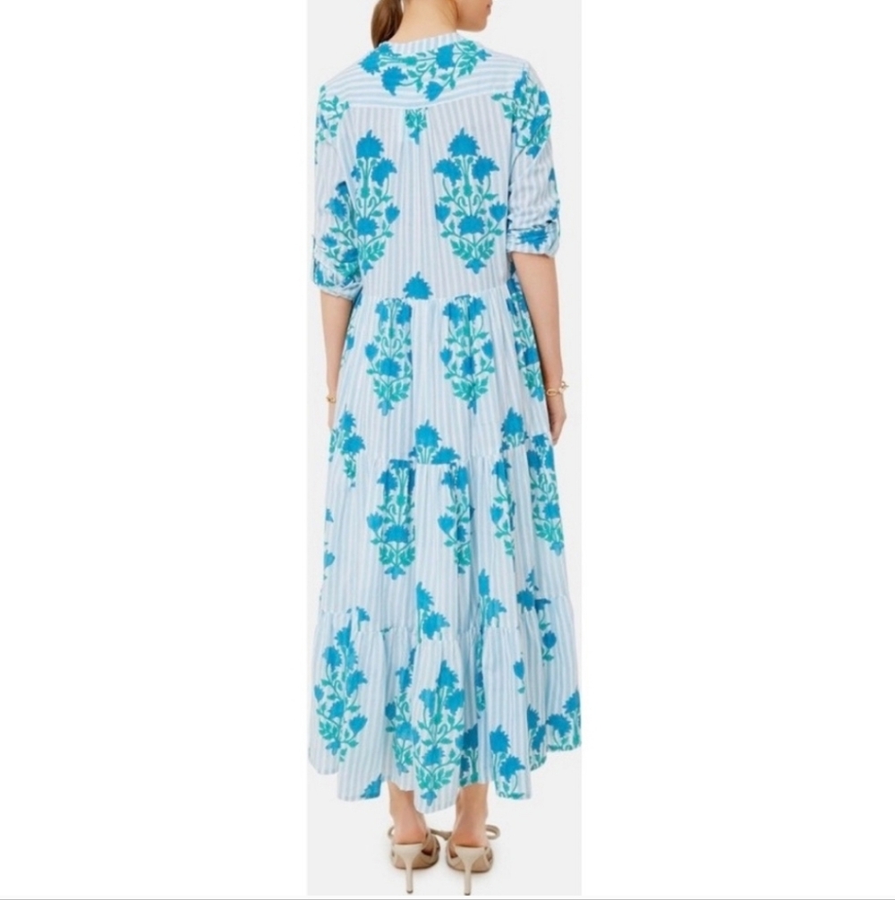 Oliphant Jaipur Striped Light Blue Floral Tiered Maxi Dress - Picture 4 of 6